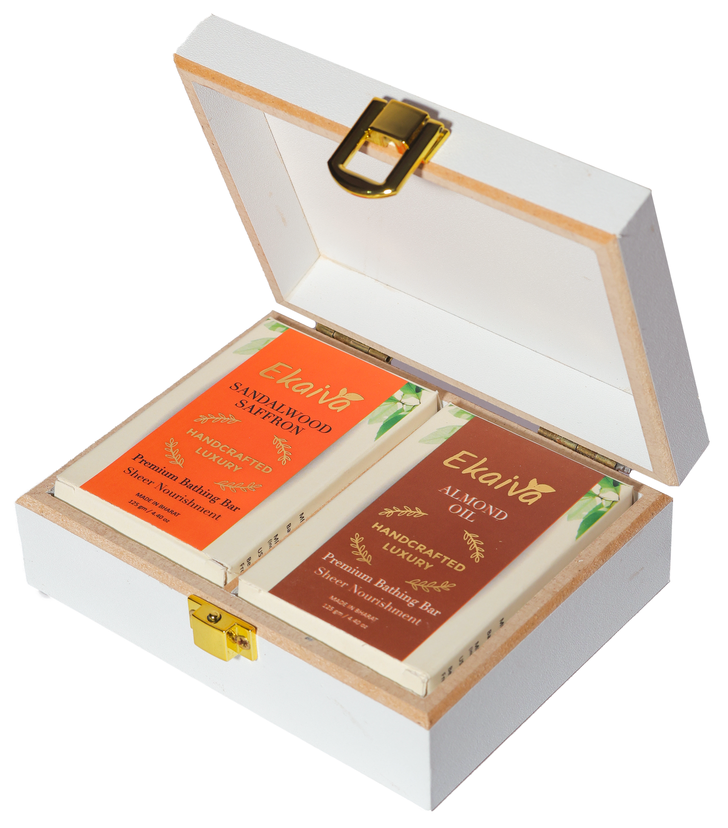 Ekaiva Organics Luxury Gift Box - Deluxe Duo: Sandalwood Saffron & Almond Oil Bathing Bars in an Elegant Engineered Wooden Box