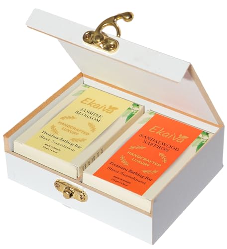 Ekaiva Organics Luxury Gift Box - Classic Collection: Jasmine Blossom & Sandalwood Saffron Bathing Bars in an Elegant Engineered Wooden Box
