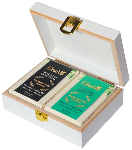 Ekaiva Organics Luxury Gift Box Deluxe Duo Box of Activated Charcoal & Teatree Rosemary Engineered Wooden Box with 2 Luxury Bathing Bars