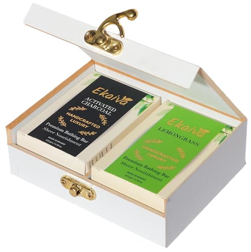 Ekaiva Organics Luxury Gift Box - Classic Collection: Activated Charcoal & Lemongrass Bathing Bars in an Elegant Engineered Wooden Box