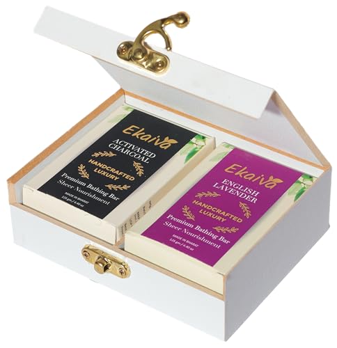 Ekaiva Organics Luxury Gift Box - Classic Collection: Activated Charcoal & English Lavender Bathing Bars in an Elegant Engineered Wooden Box