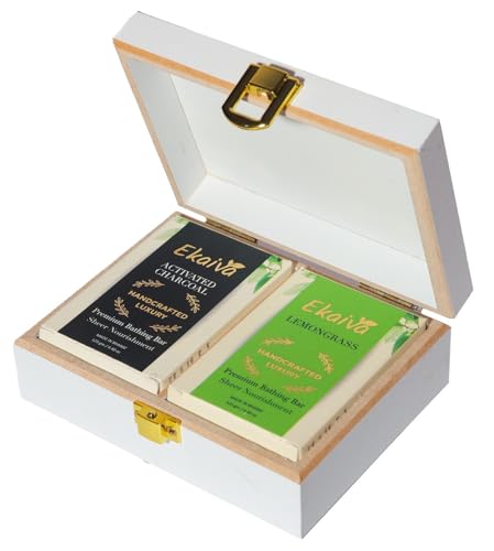 Ekaiva Organics Luxury Gift Box Deluxe Duo Box of Sandalwood Saffron & Teatree Rosemary Engineered Wooden Box with 2 Luxury Bathing Bars
