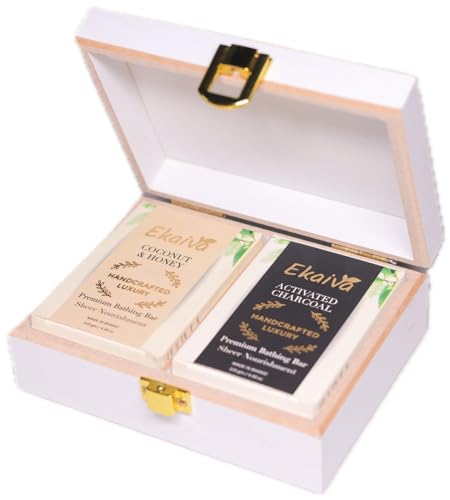 Ekaiva Organics Luxury Gift Box Deluxe Duo Box of Activated Charcoal & Coconut Honey Engineered Wooden Box with 2 Luxury Bathing Bars