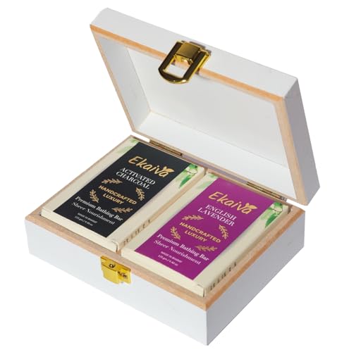 Ekaiva Organics Luxury Gift Box - Deluxe Duo: Activated Charcoal & English Lavender Bathing Bars in an Elegant Engineered Wooden Box