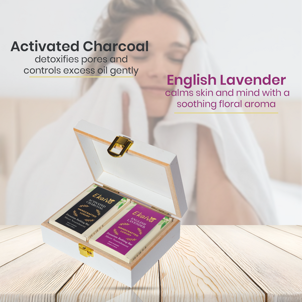 Ekaiva Organics Luxury Gift Box - Classic Collection: Activated Charcoal & English Lavender Bathing Bars in an Elegant Engineered Wooden Box