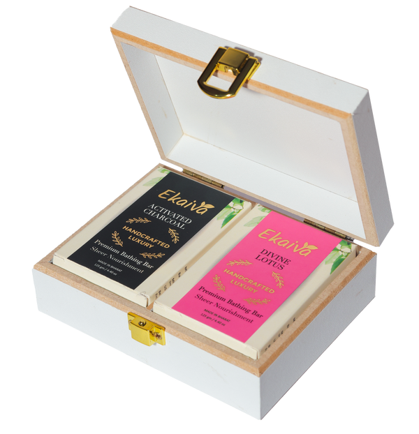 Ekaiva Organics Luxury Gift Box - Deluxe Duo: Activated Charcoal & Divine Lotus Bathing Bars in an Elegant Engineered Wooden Box