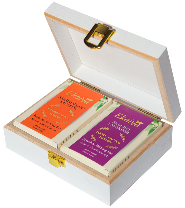 Ekaiva Organics Luxury Gift Box - Deluxe Duo: Sandalwood Saffron & English Lavender Bathing Bars in an Elegant Engineered Wooden Box