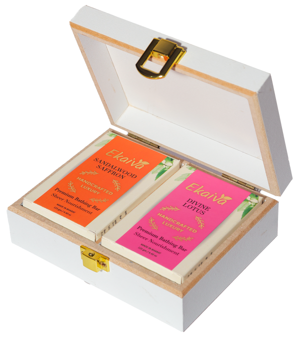 Ekaiva Organics Luxury Gift Box - Deluxe Duo : Sandalwood Saffron & Divine Lotus Bathing Bars in an Elegant Engineered Wooden Box