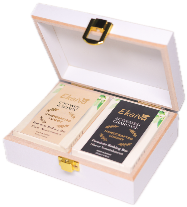 Ekaiva Organics Luxury Gift Box - Deluxe Duo: Activated Charcoal & Coconut Honey Bathing Bars in an Elegant Engineered Wooden Box
