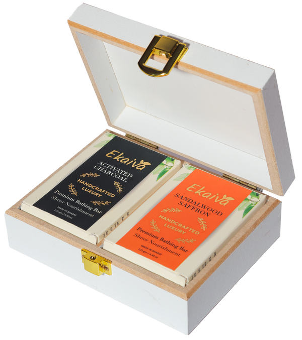 Ekaiva Organics Luxury Gift Box - Deluxe Duo: Activated Charcoal & Sandalwood Bathing Bars in an Elegant Engineered Wooden Box