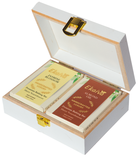 Ekaiva Organics Luxury Gift Box - Deluxe Duo : Jasmine Blossom & Almond Oil Bathing Bars in an Elegant Engineered Wooden Box