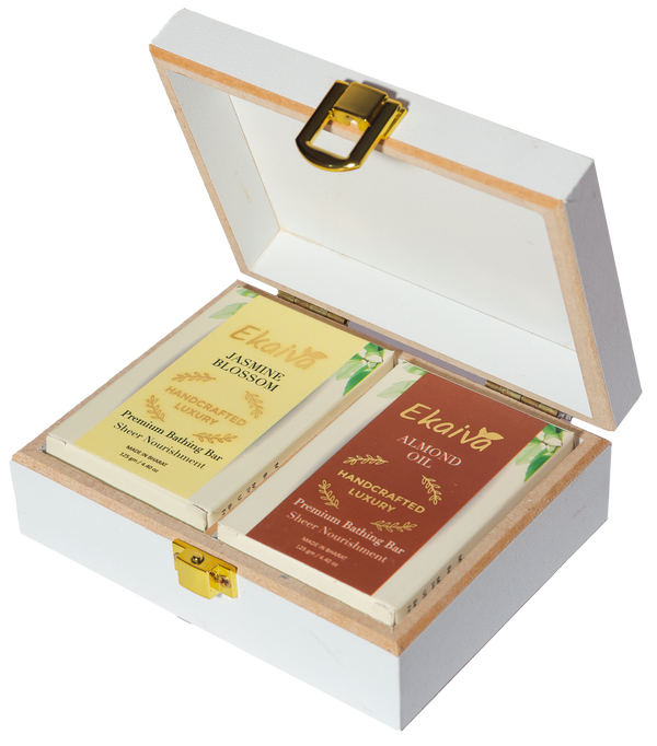 Ekaiva Organics Luxury Gift Box - Deluxe Duo : Jasmine Blossom & Almond Oil Bathing Bars in an Elegant Engineered Wooden Box
