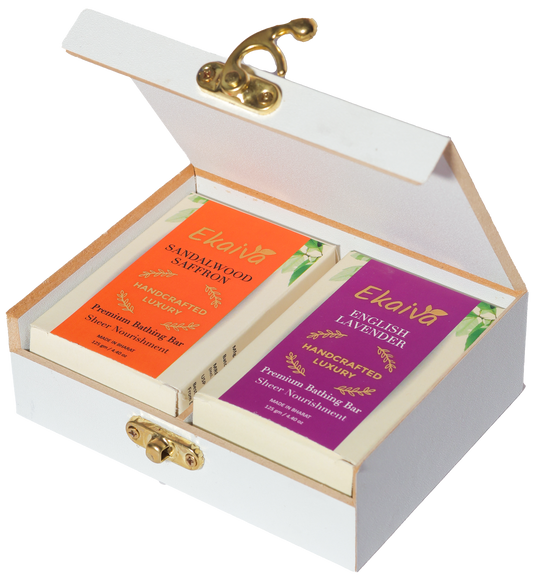 Ekaiva Organics Luxury Gift Box : Classic Collection: Sandalwood Saffron & English Lavender Bathing Bars in an Elegant Engineered Wooden Box