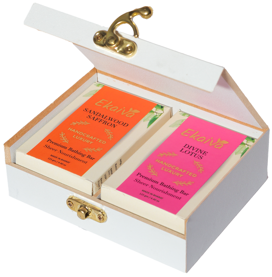 Ekaiva Organics Luxury Gift Box - Classic Collection: Sandalwood Saffron & Divine Lotus Bathing Bars in an Elegant Engineered Wooden Box