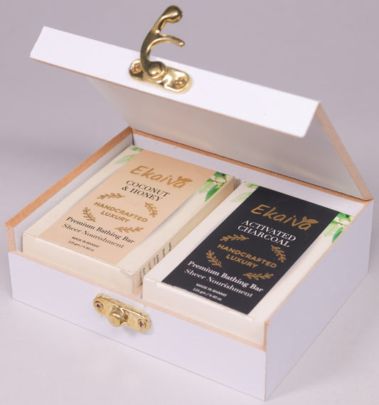 Ekaiva Organics Luxury Gift Box - Classic Collection: Activated Charcoal & Coconut Honey Bathing Bars in an Elegant Engineered Wooden Box