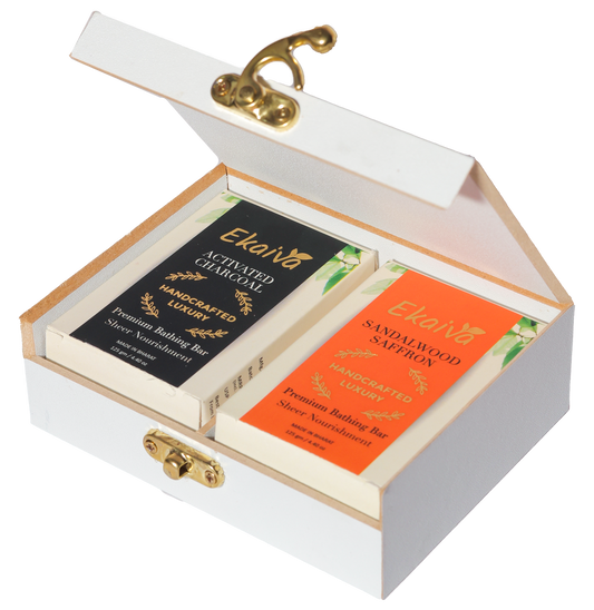 Ekaiva Organics Luxury Gift Box - Classic Collection: Activated Charcoal & Sandalwood Saffron Bathing Bars in an Elegant Engineered Wooden Box