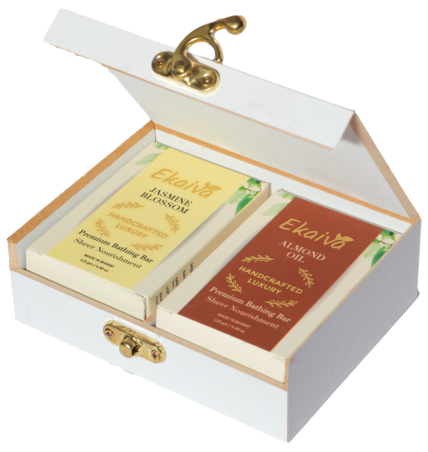 Ekaiva Organics Luxury Gift Box - Deluxe Duo: Jasmine Blossom & Almond Oil Bathing Bars in an Elegant Engineered Wooden Box