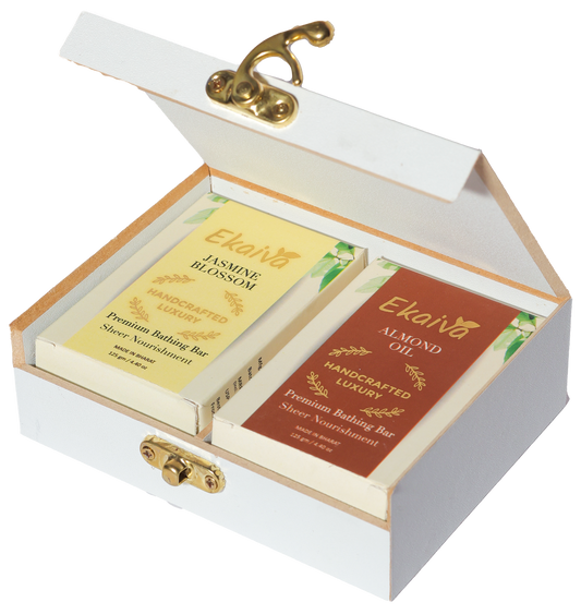 Ekaiva Organics Luxury Gift Box - Deluxe Duo: Jasmine Blossom & Almond Oil Bathing Bars in an Elegant Engineered Wooden Box