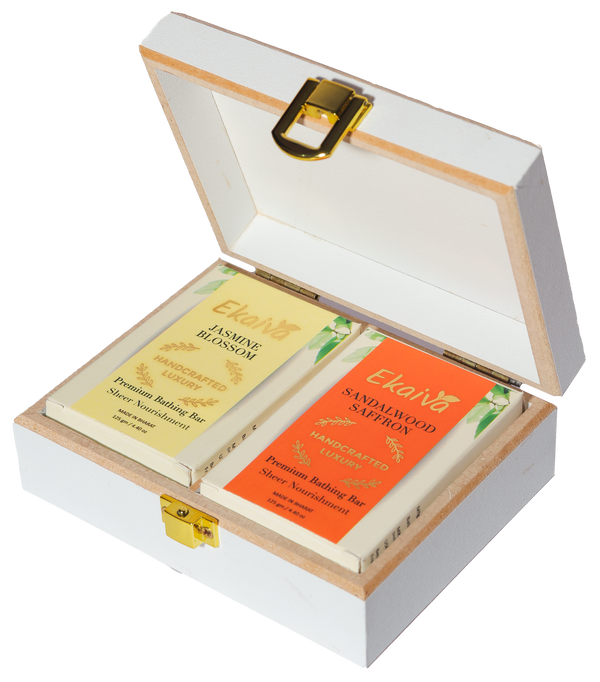 Ekaiva Organics Luxury Gift Box - Deluxe Duo: Jasmine Blossom & Sandalwood Saffron Bathing Bars in an Elegant Engineered Wooden Box