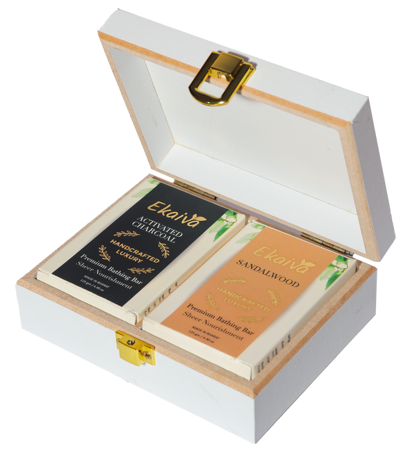 Ekaiva Organics Luxury Gift Box Deluxe Duo Box of Activated Charcoal & Sandalwood Engineered Wooden Box with 2 Luxury Bathing Bars
