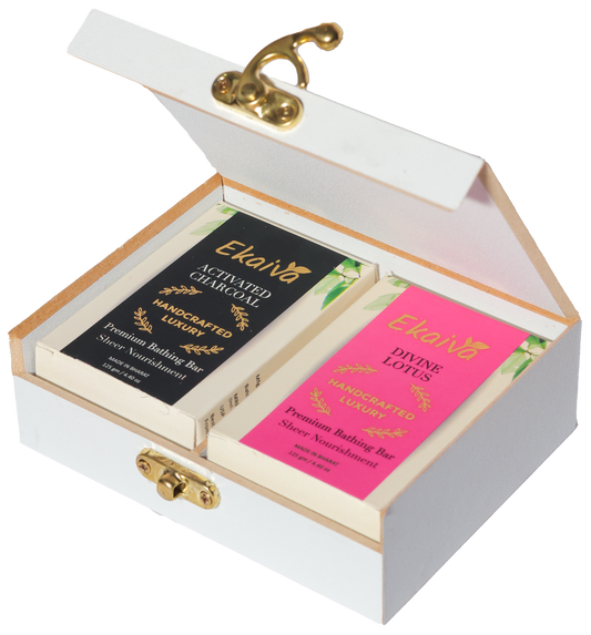 Ekaiva Organics Luxury Gift Box - Classic Collection: Activated Charcoal & Divine Lotus Bathing Bars in an Elegant Engineered Wooden Box