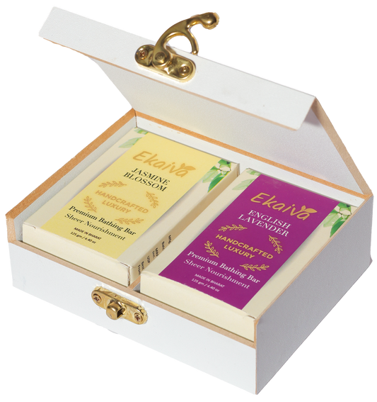 Ekaiva Organics Luxury Gift Box - Classic Collection: Jasmine Blossom & English Lavender Bathing Bars in an Elegant Engineered Wooden Box
