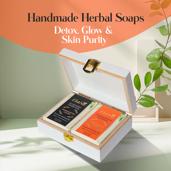 Ekaiva Organics Luxury Gift Box Deluxe Duo Box of Activated Charcoal & Sandalwood Engineered Wooden Box with 2 Luxury Bathing Bars