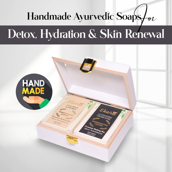 Ekaiva Organics Luxury Gift Box Deluxe Duo Box of Activated Charcoal & Coconut Honey Engineered Wooden Box with 2 Luxury Bathing Bars