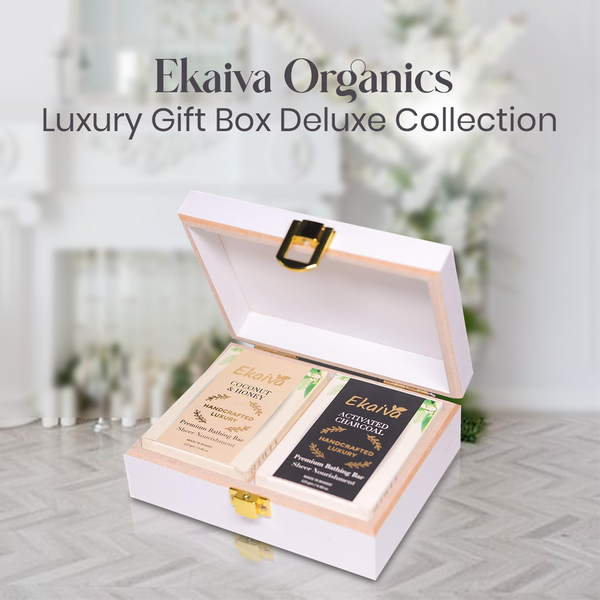Ekaiva Organics Luxury Gift Box Deluxe Duo Box of Activated Charcoal & Coconut Honey Engineered Wooden Box with 2 Luxury Bathing Bars