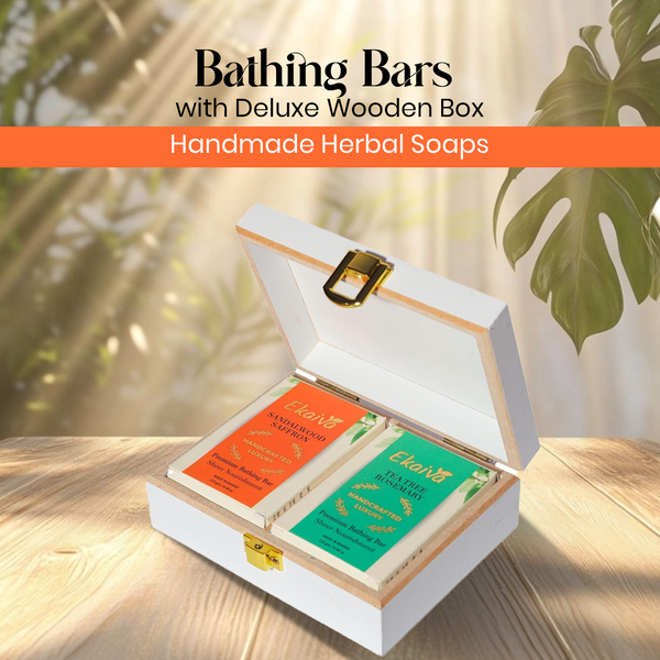 Ekaiva Organics Luxury Gift Box Deluxe Duo Box of Sandalwood Saffron & Teatree Rosemary Engineered Wooden Box with 2 Luxury Bathing Bars
